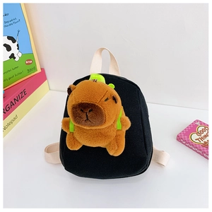 Detail of cute brown 3D capybara plush toy on black canvas mini backpack for kids