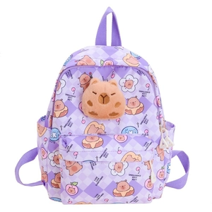 Sac à dos violet mignon pour enfants avec imprimé Capybara et peluche 3D douce