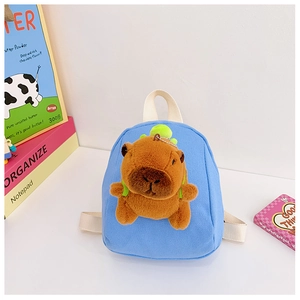 Detail showing the cute Capybara plush doll on a light blue toddler backpack with canvas texture