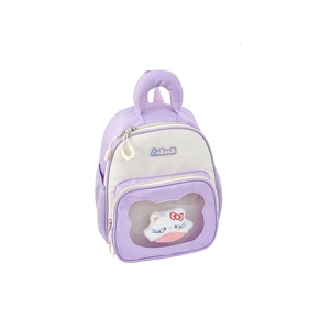 Cute purple and white kids backpack with plush toy in transparent heart pocket