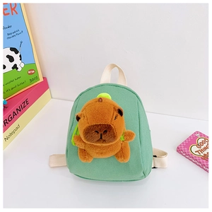 Detail of mint green canvas kids backpack with a cute 3D plush capybara character