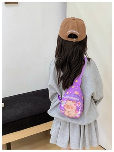 Rear view of child wearing purple Capybara nylon chest bag with cute cartoon prints