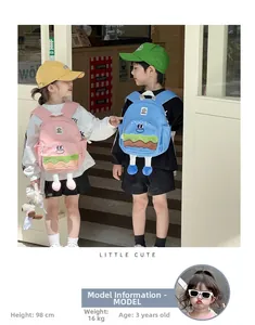 Detailed view of cute cartoon burger backpacks in pink and blue for kids aged 3 to 5