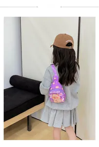 Rear view of child wearing purple cartoon capybara chest bag with adjustable strap
