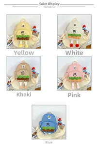 Detailed grid view showing cute cartoon burger backpacks in yellow, pink, blue, and khaki