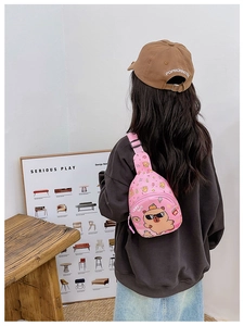 Pink Capybara cartoon chest bag for kids showing back-view fit and adjustable strap