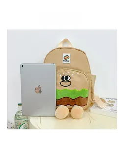 Detailed comparison of the 3D hamburger toddler backpack next to a 10-inch tablet device