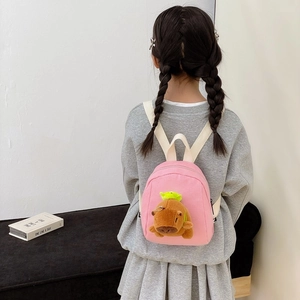 Cute pink mini toddler backpack with 3D capybara plush doll for preschool kids