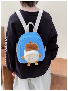 Blue canvas toddler backpack with a cute 3D plush potato character shown from behind