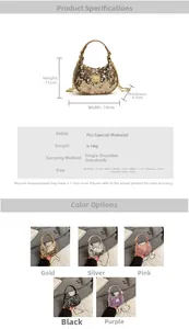 Detailed size specifications and five color variants of the sequin crossbody bag for girls