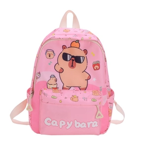 Zaino rosa per bambini con motivo capibara in nylon impermeabile e tasche multiple