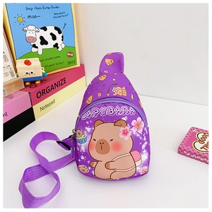 Detail shot of purple kids chest bag with cute Capybara print and adjustable strap