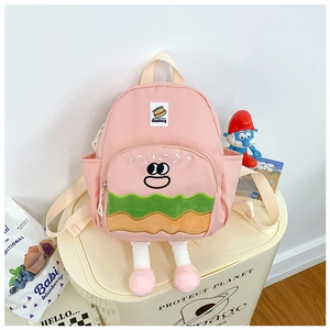 Detailed view of cute pink cartoon hamburger backpack for kids with embroidery