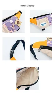 Detail view of colorful kids chest bag showing zippers, buckle and spacious interior