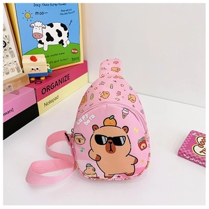 Pink canvas kids chest bag featuring a cute cartoon capybara print and adjustable strap