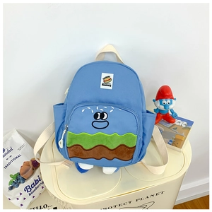 Detail of blue hamburger schoolbag with cute embroidery and side pocket for kids