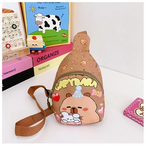 Close-up of cute brown Capybara print on kids crossbody bag with adjustable strap