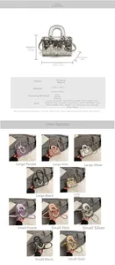 Size chart and color display for sequin girls handbag with pearl pendant and PU material