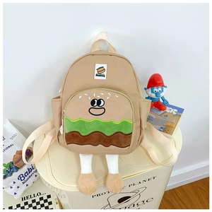 Detailed view of creative hamburger backpack with 3D plush legs and embroidery