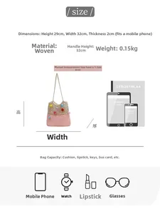 Detailed size chart for pink and beige crochet tote bag with dimensions and capacity info