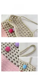 Detail view of handmade crochet tote bag featuring colorful pompoms and pink woven bottom