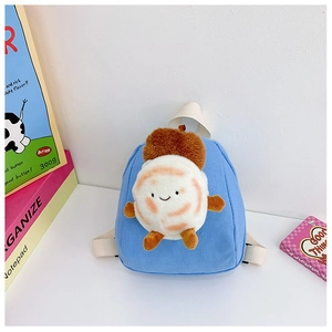 Blue canvas toddler backpack featuring a cute 3D plush bread charm and soft straps