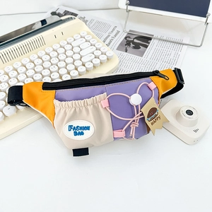 Detail of color-block kids chest bag with multi-color nylon fabric and fashion patches