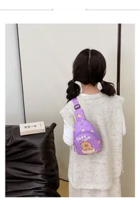 Purple Capybara cartoon crossbody chest bag for children shown on back of a model