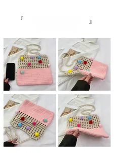 Detailed close-up views of a handmade crochet shoulder bag with colorful pom-poms