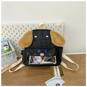 Detail of cute puppy backpack with transparent PVC window and interior anime badge