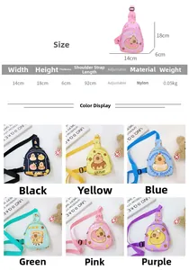 Size chart showing 14x18x6cm dimensions and material specs for capybara kids crossbody bag