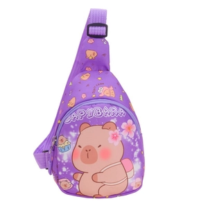 Purple Capybara cartoon crossbody chest bag for kids with adjustable strap and floral print