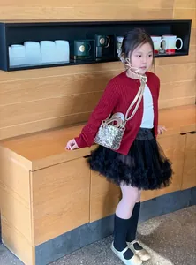 Silver sequin mini handbag for girls paired with a red cardigan and mesh skirt