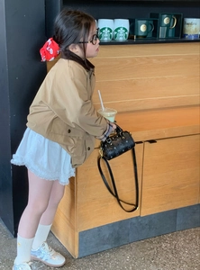 Kids mini leopard bear print handbag paired with a khaki utility jacket and lace skirt