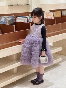 Détails de l'ensemble robe tutu en tulle violet pour filles avec sac à main à paillettes