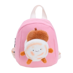 Pink canvas toddler backpack with a cute plush cartoon doll and top handle