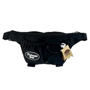 Black sporty nylon chest bag for kids with color-contrast pockets and decorative tag