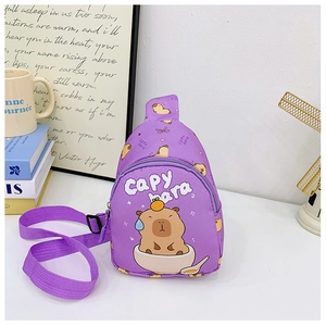 Detail view of purple Capybara crossbody bag with adjustable strap and cute cartoon print