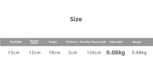 Size chart showing 15x18x5cm dimensions for the mini children crossbody bag with adjustable strap
