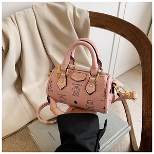 Pink mini bear print Boston bag with detachable strap and gold-tone hardware