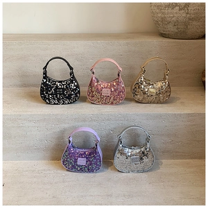 Five assorted sequined mini handbags for girls in black, pink, gold, purple, and silver