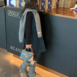 Blue plaid pleated girl dress with grey knit scarf and mini cylinder handbag set