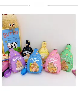 Detailed view of Capybara cartoon chest bags in six vibrant colors with food-themed prints