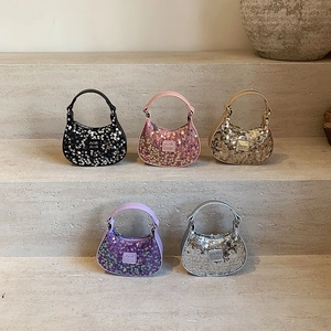 Girls Mini Sequin Handbag Half-moon Shoulder Bag Sparkly PU Leather Party Purse For Kids Trendy Fashion Accessory