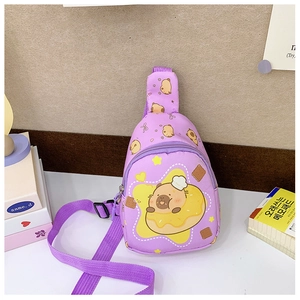 Detail of purple cartoon capybara chest bag with adjustable woven shoulder strap