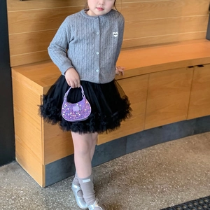 Toddler girls glitter handbag with grey cardigan and black tiered tulle tutu skirt set
