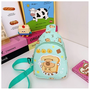 Detail of mint green capybara crossbody bag with cute toast print for children