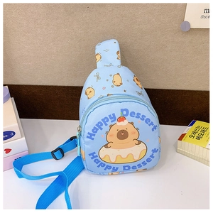 Detail showing cartoon capybara print on a light blue mini crossbody bag for kids