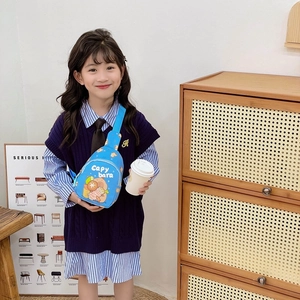 Blue canvas Capybara chest bag for kids with cute cartoon print and adjustable strap