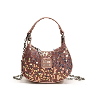 Pink crescent sequin handbag for girls with ANIR label and silver metal chain strap